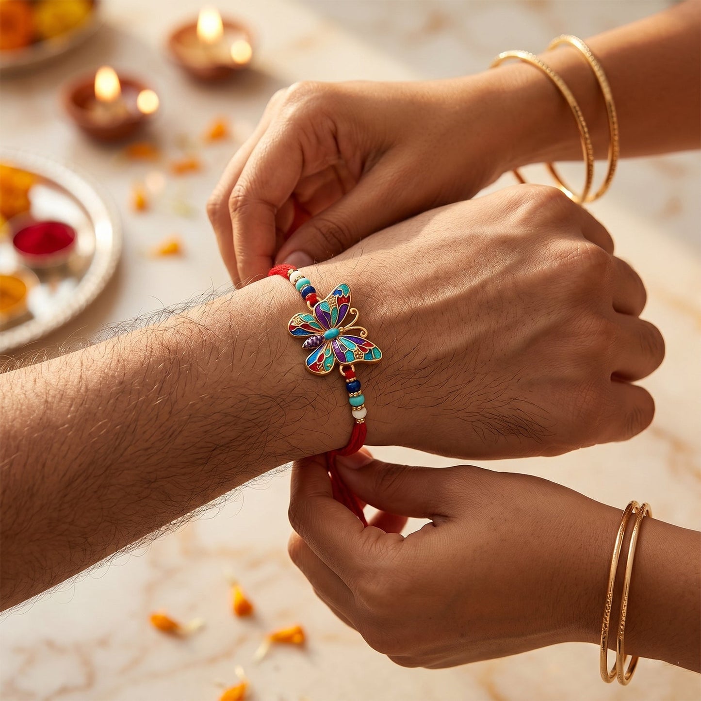 Side angle view of Rainbow Butterfly Rakhi with beads