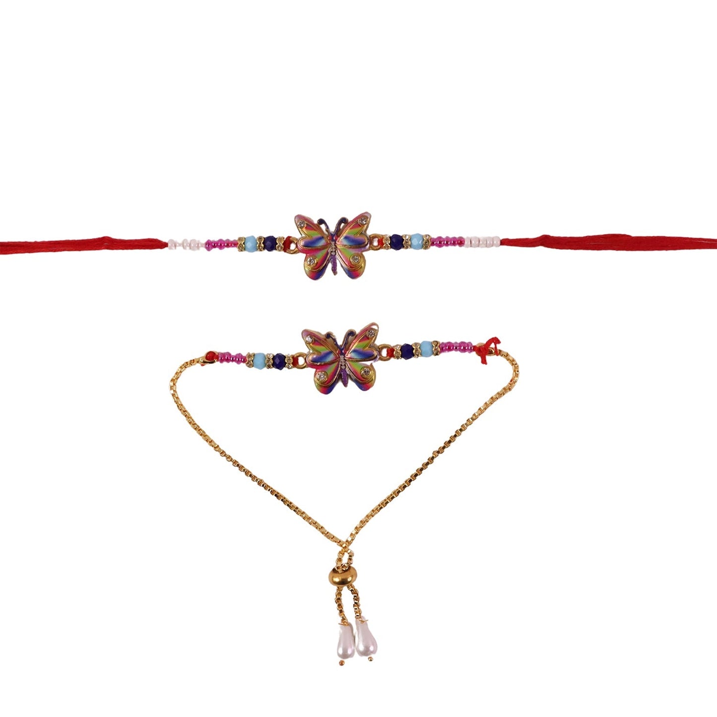 Rainbow Butterfly Rakhi showing thread and beads details