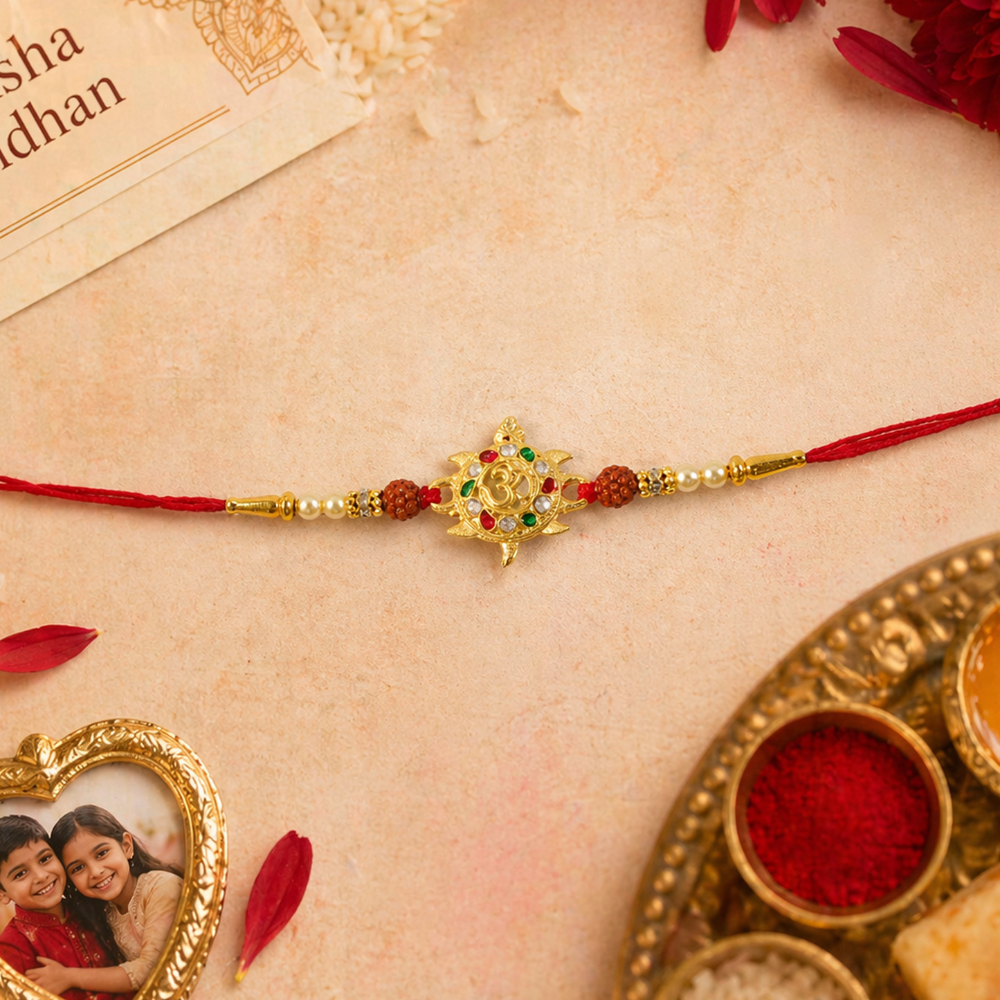 Close-up of Om symbol centerpiece on Rakhi
