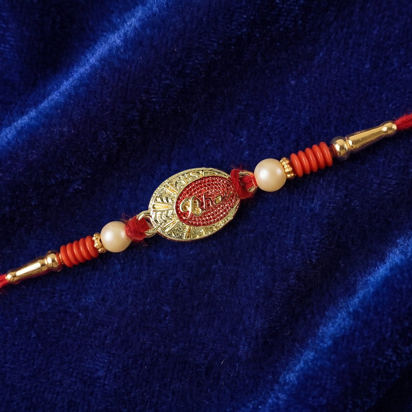 Decorative traditional Bhai text Rakhi on soft thread