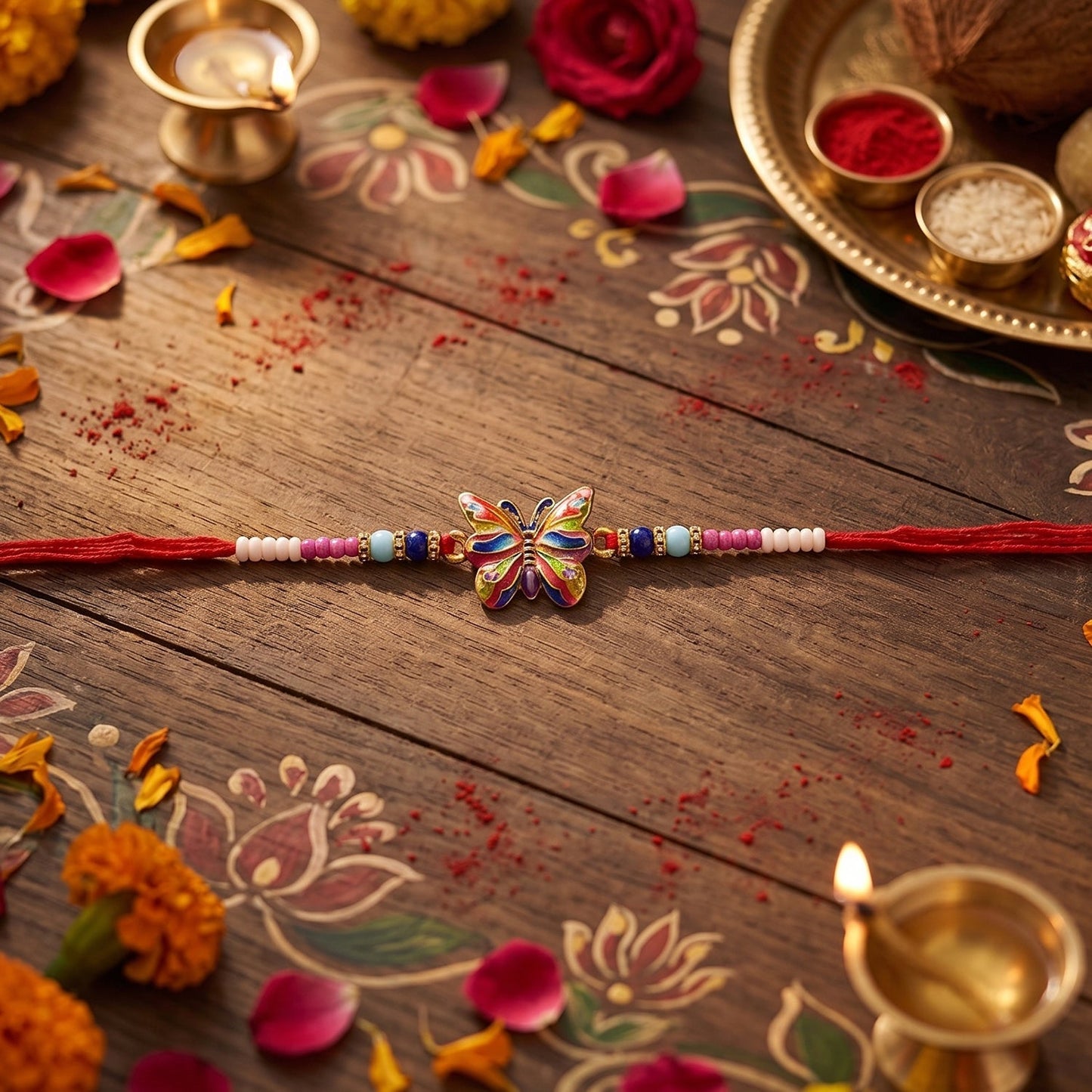 Close-up of Rainbow Butterfly centerpiece on Rakhi with beads
