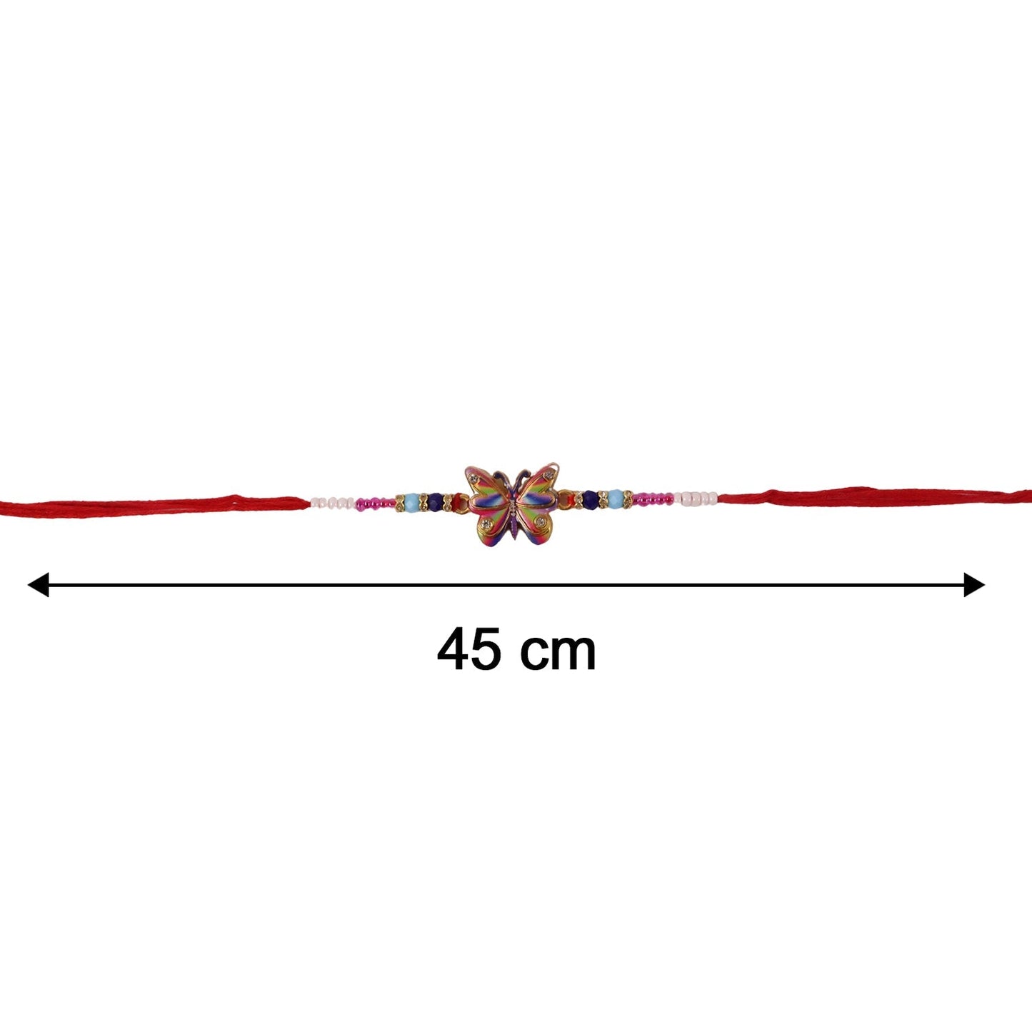 Size reference showing Rainbow Butterfly Rakhi's scale