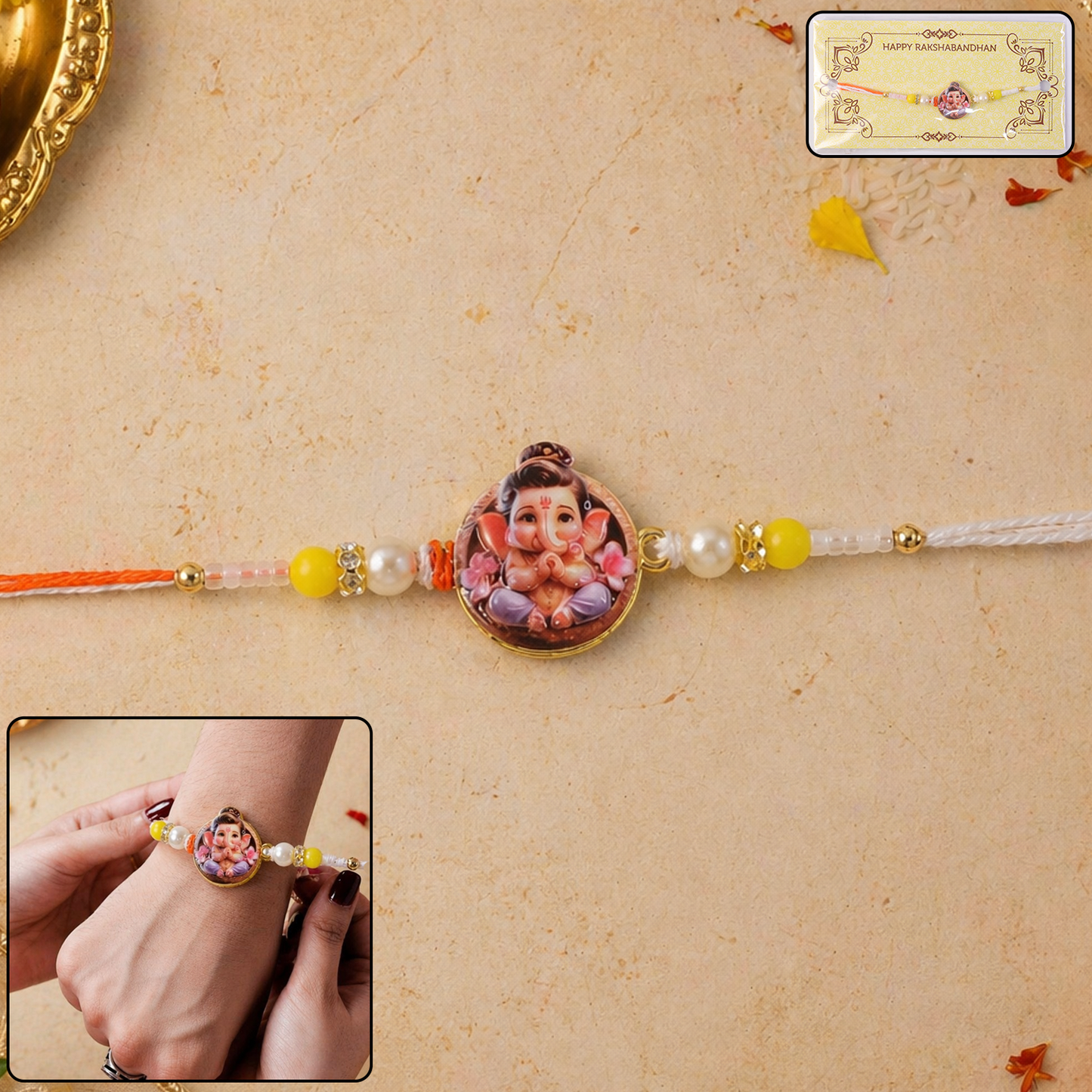Close-up of Ganesh Ji Rakhi showing detailed design