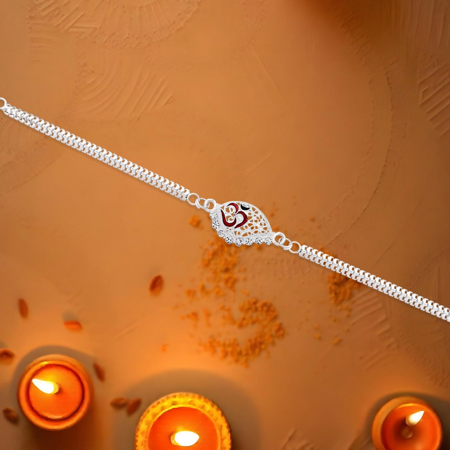 Detailed image showcasing silver plated dual chain Rakhi with spiritual Om symbol
