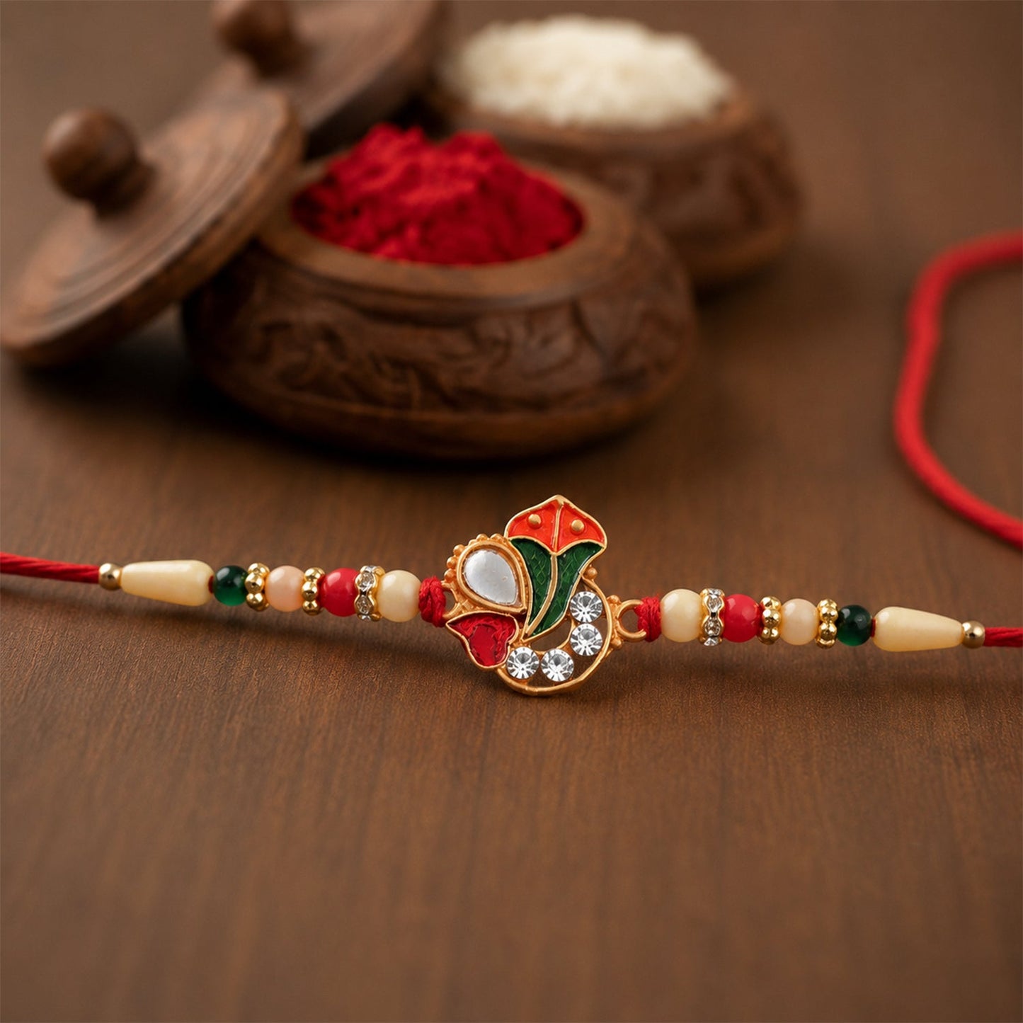 Ganpati Rakhi with intricate enamel work and traditional beads on vibrant thread