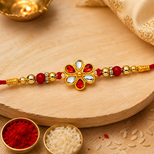 Red White Beaded Rakhi with Kundan Floral Centerpiece – Elegant Design