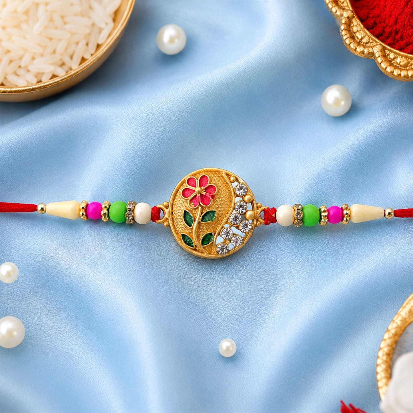 Flower design Rakhi with bright red and green beads and stone work