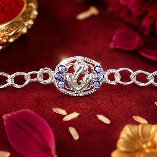 Premium Silver Ganesha Rakhi with Stones Chain Bracelet for Brother (1 Pc)