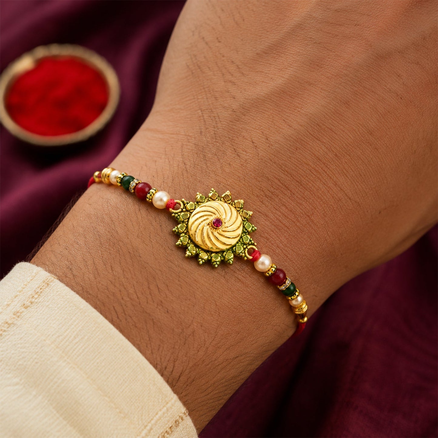 Closeup of round shape rakhi showcasing colorful golden and pearl beads