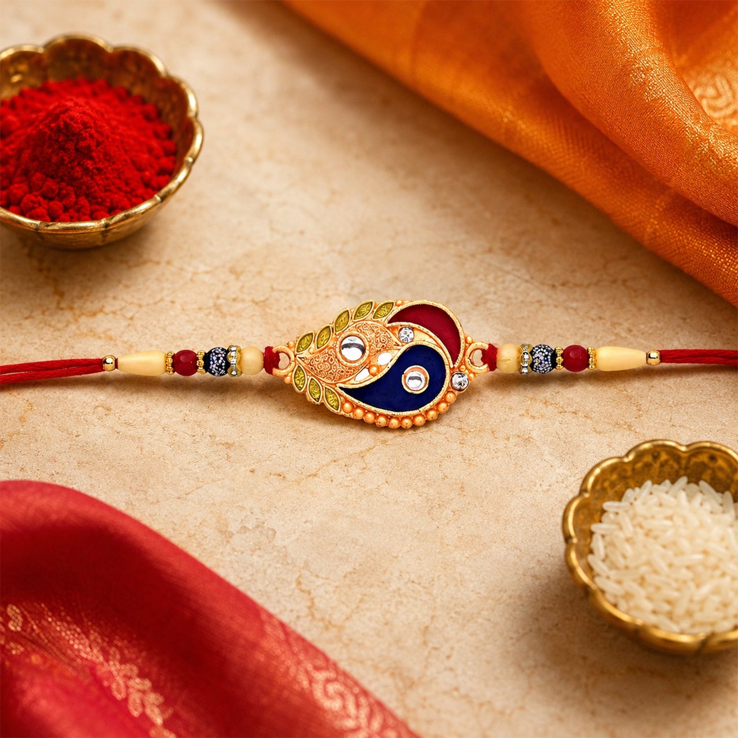 Elegant enamel rakhi with detailed paisley design and gold-tone embellishments