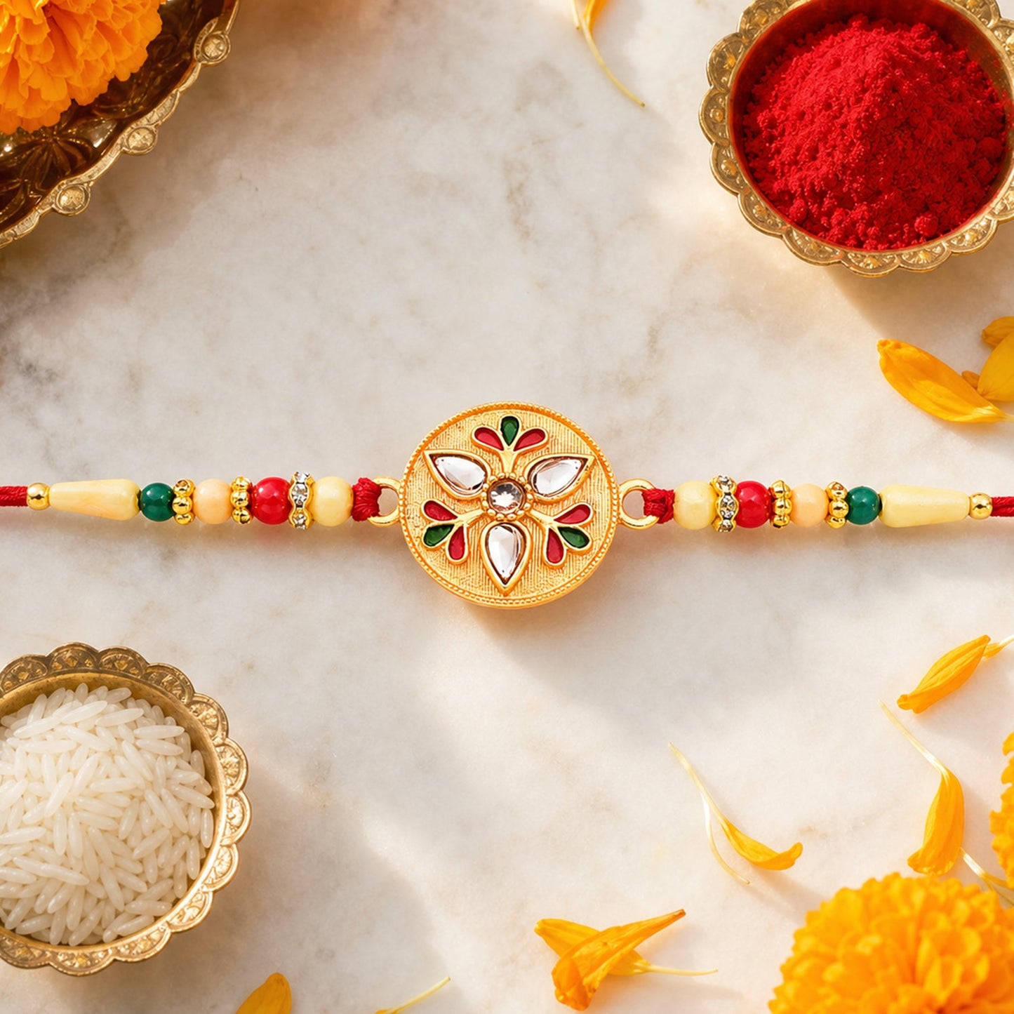 Close-up of a sacred Kalash Rakhi featuring golden embellishments and red thread.