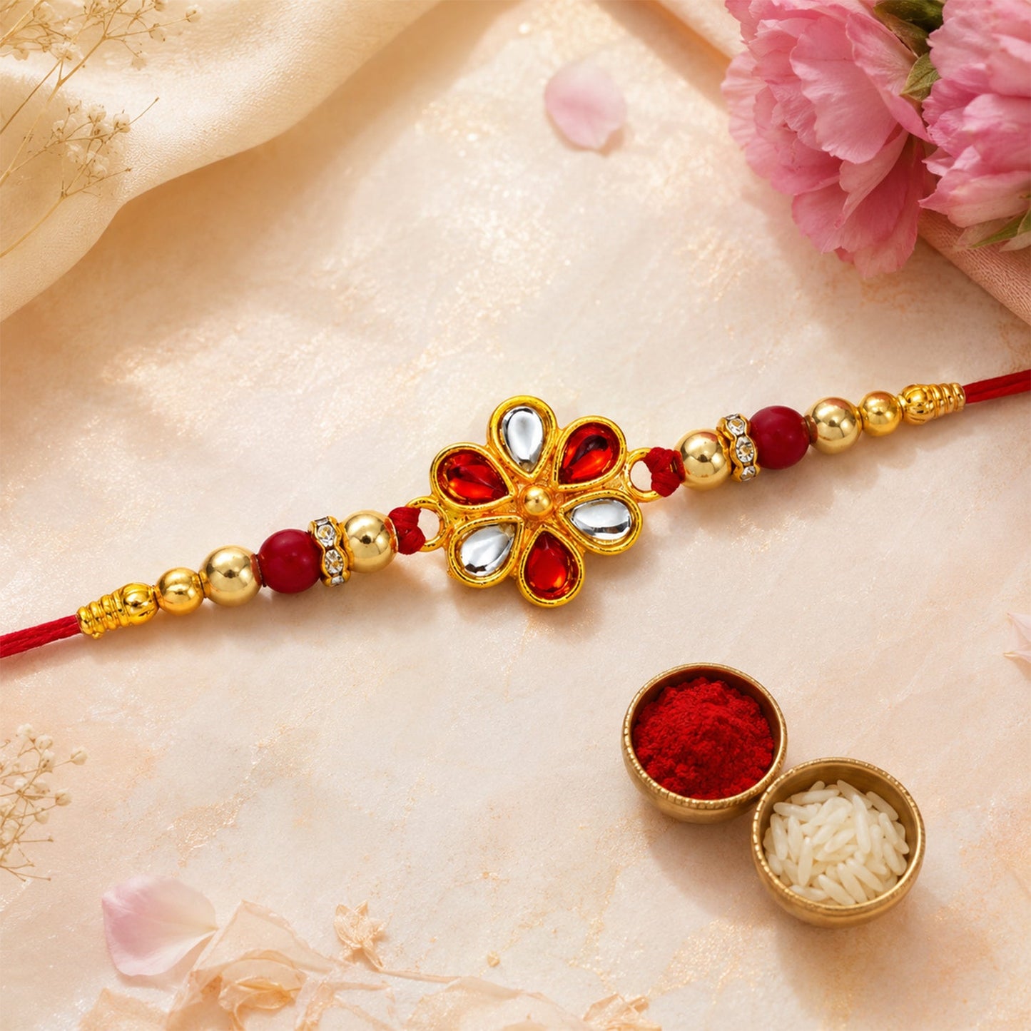 Red White Beaded Rakhi with Kundan Floral Centerpiece – Elegant Design