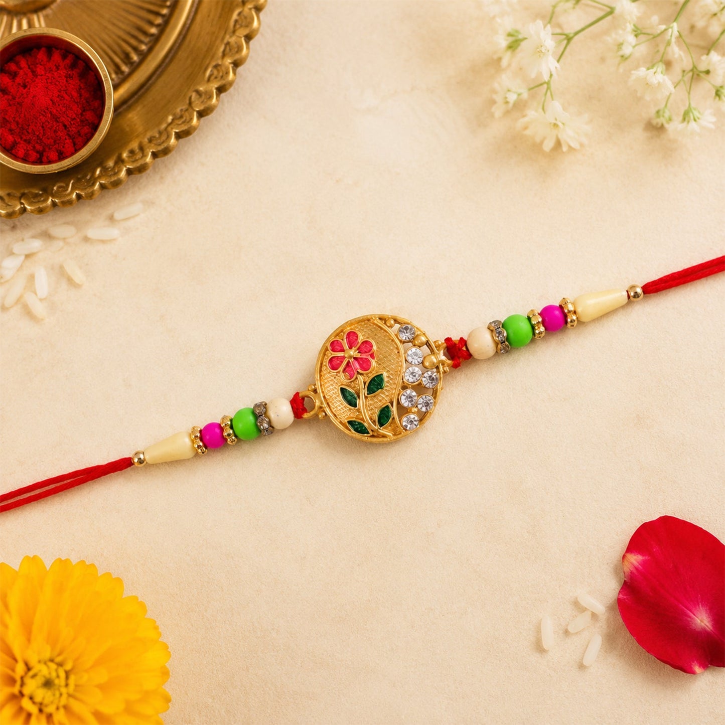 Elegant flower design Rakhi showcasing intricate bead and stone work