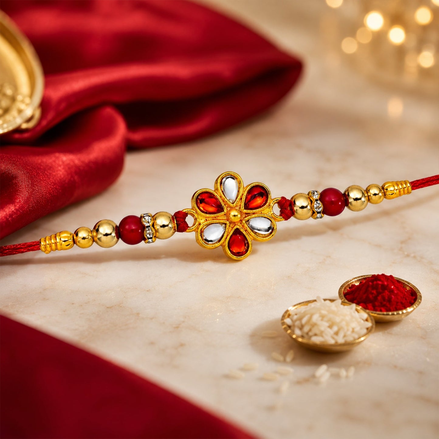 Red White Beaded Rakhi with Kundan Floral Centerpiece – Elegant Design