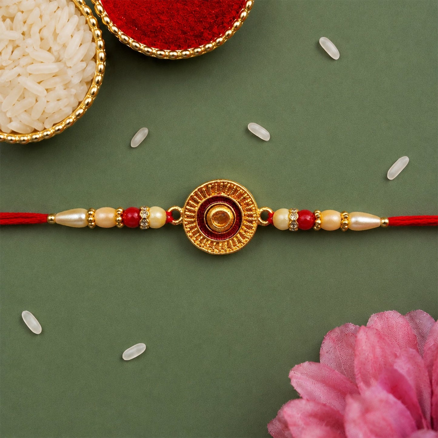 Traditional pearl bead rakhi tied on wrist signifying protection and bonding.