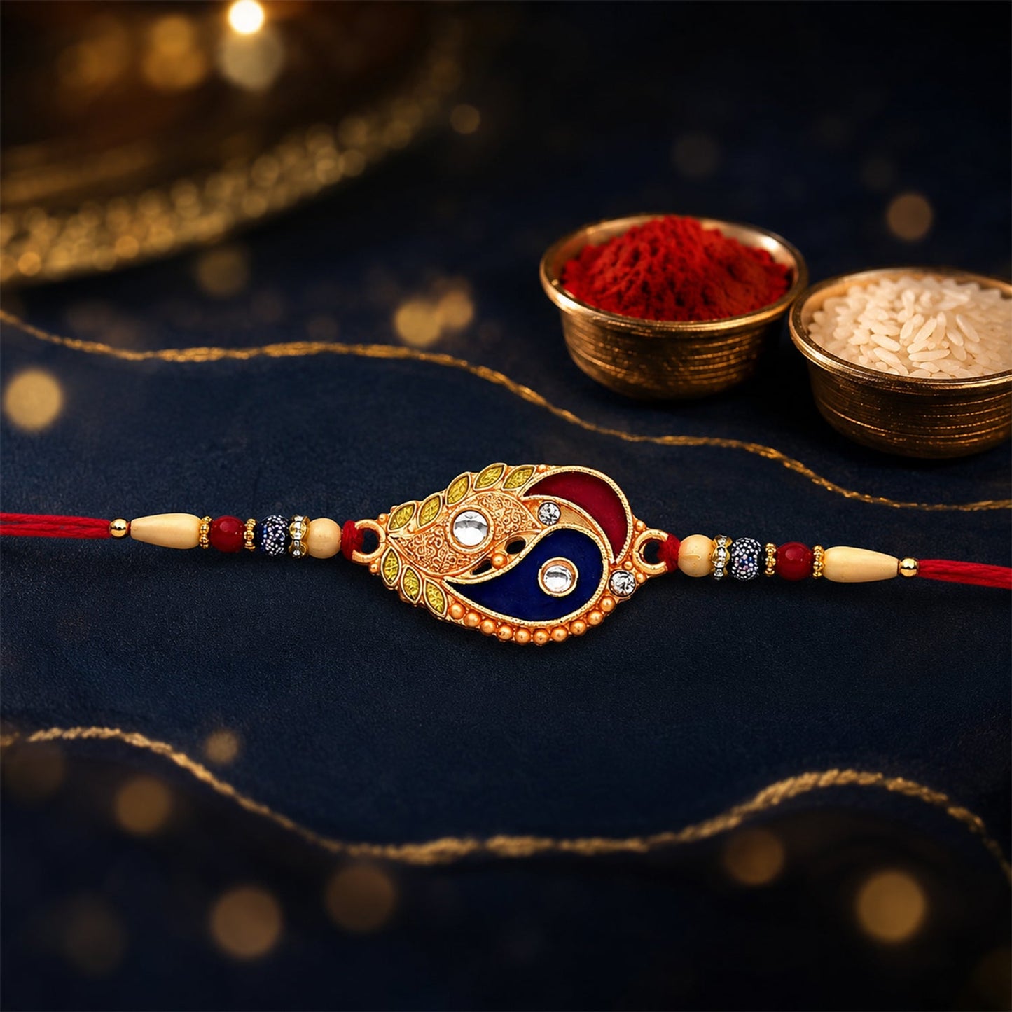 Elegant enamel paisley rakhi with gold-tone embellishments perfect for Raksha Bandhan