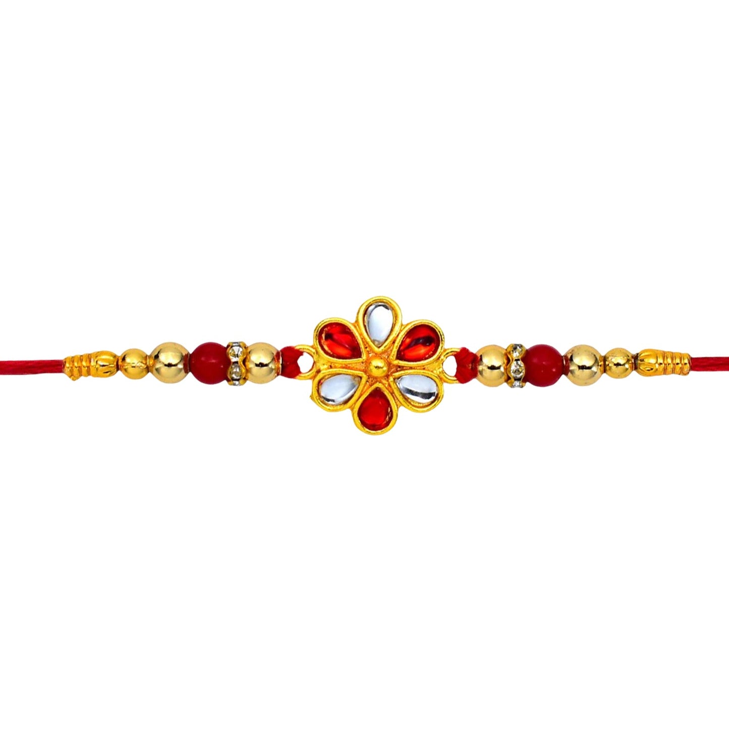 Red White Beaded Rakhi with Kundan Floral Centerpiece – Elegant Design