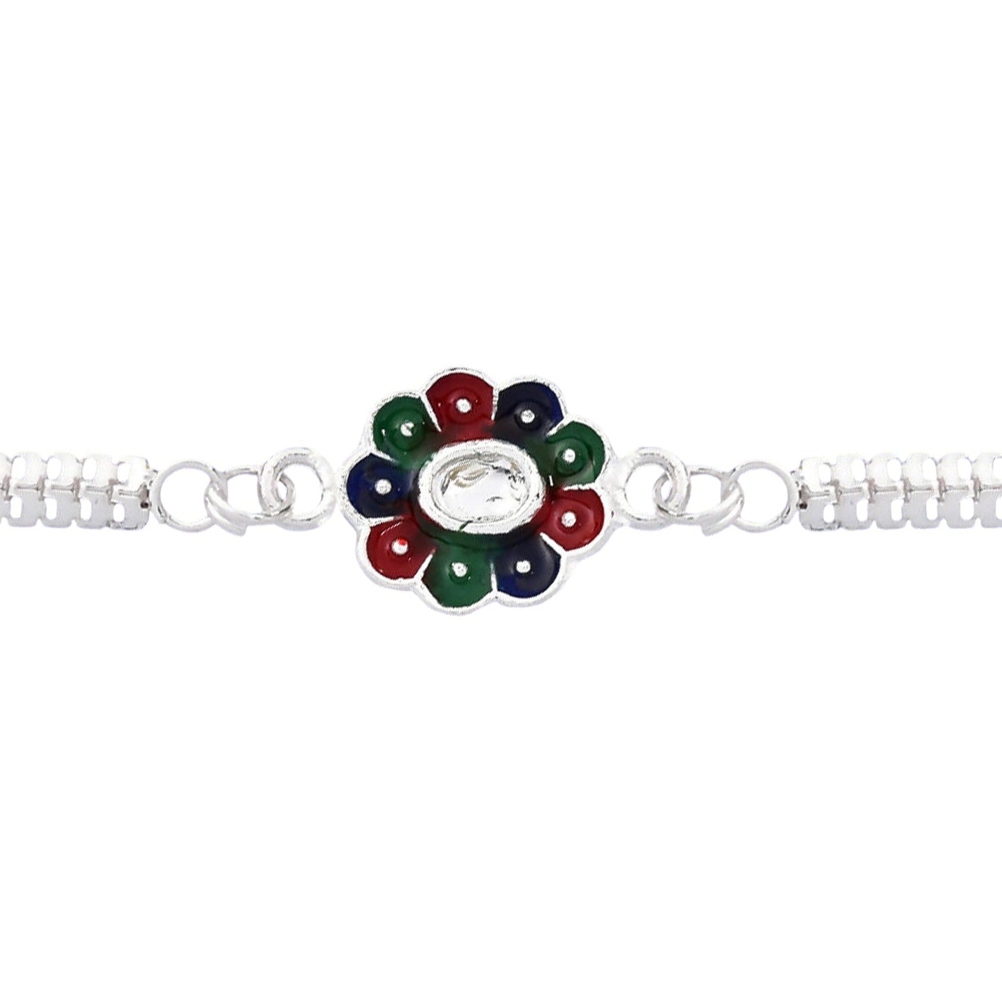Complete view of vibrant colorful petal Rakhi with silver chain