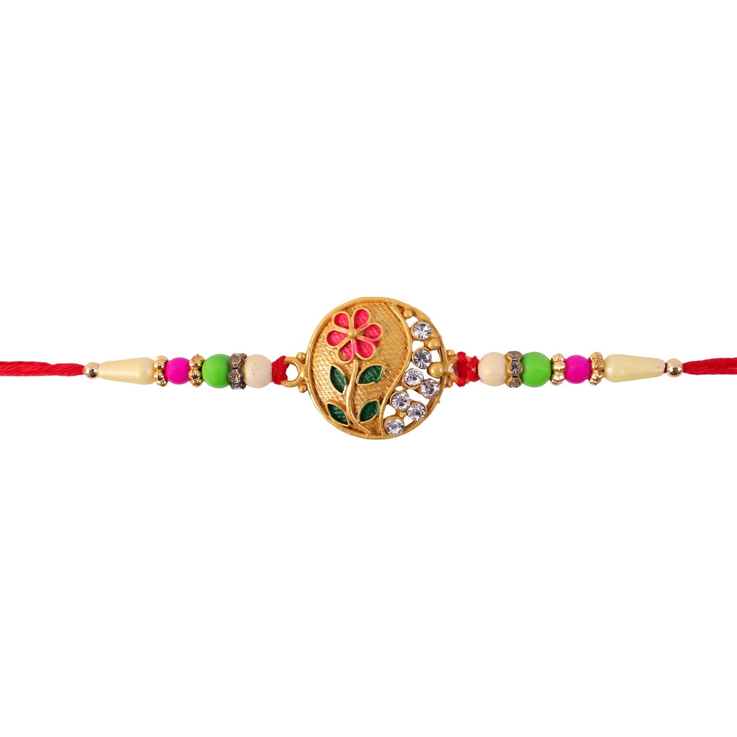 Festive red and green bead floral Rakhi with a durable thread for Raksha Bandhan