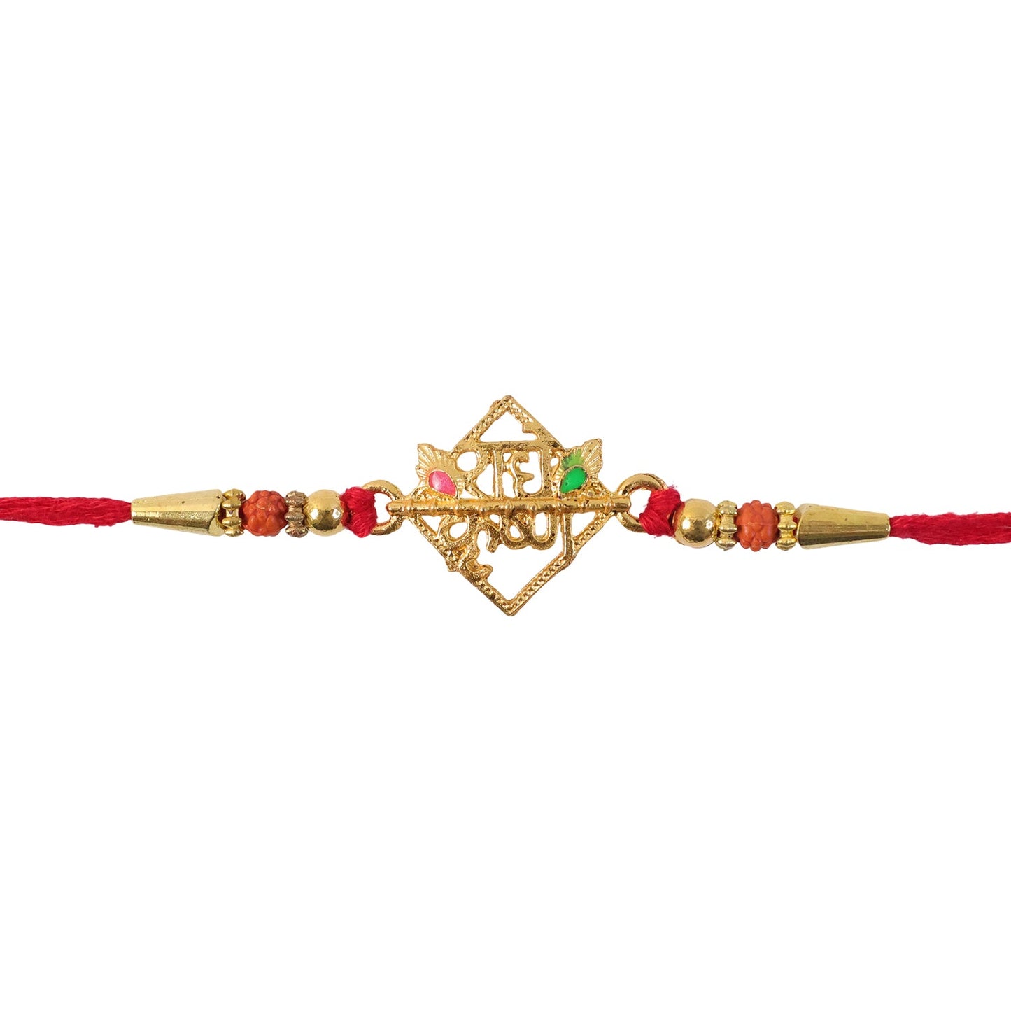 Sparkling crystal beads on a Radha Krishna Rakhi, perfect for Raksha Bandhan.