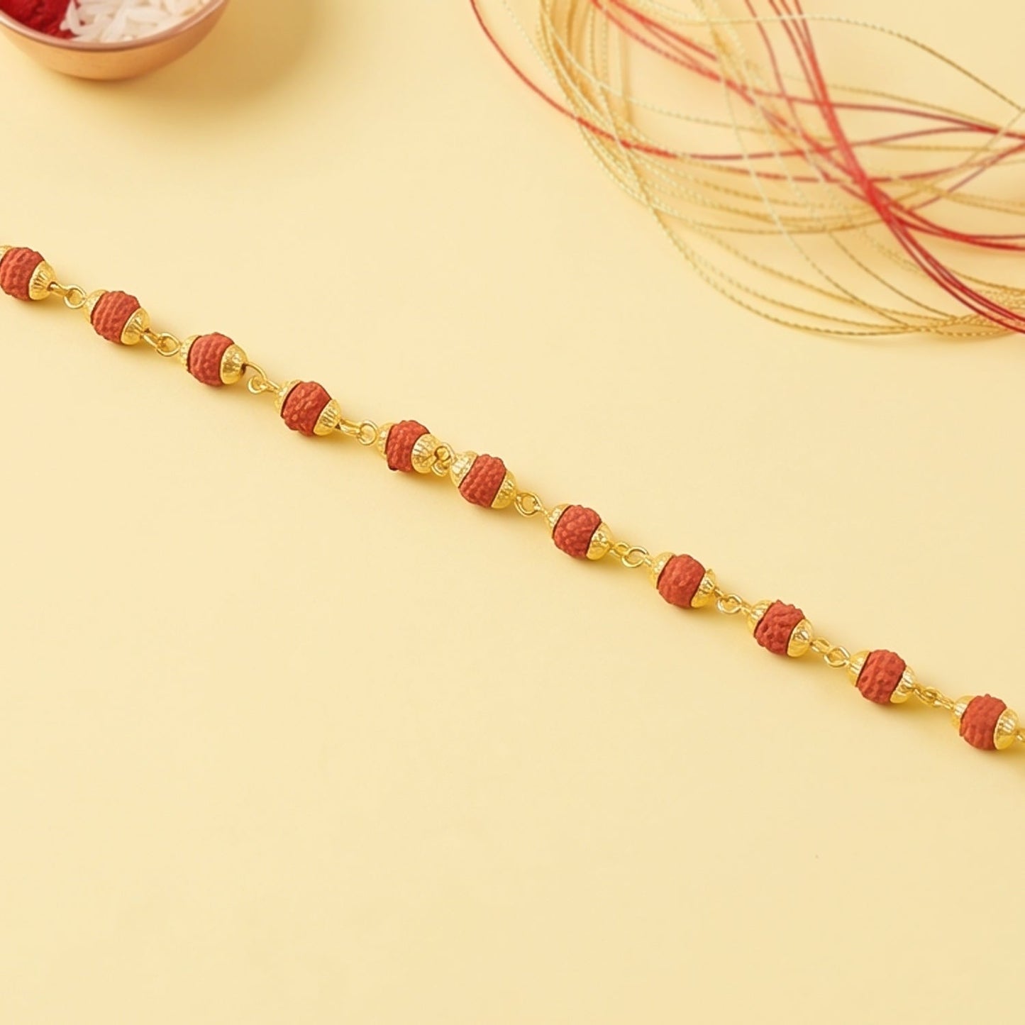 Rudraksha Bead Bracelet Rakhi, Gold-Plated Cap Beads Rakhi for Brother (1 Pc)