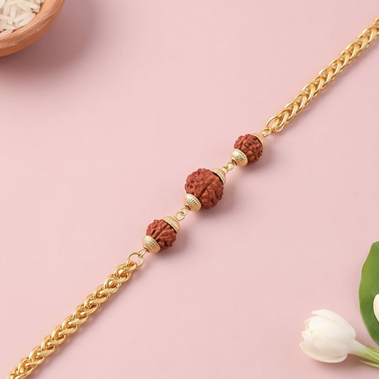 Premium Rudraksha Bead Rakhi, Gold-Plated Chain Rakhi for Brother (1 Pc)