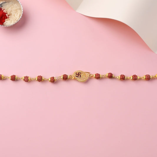 Swastik Rudraksha Bracelet Rakhi, CZ Pendant Beaded Rakhi for Brother (1 Pc)