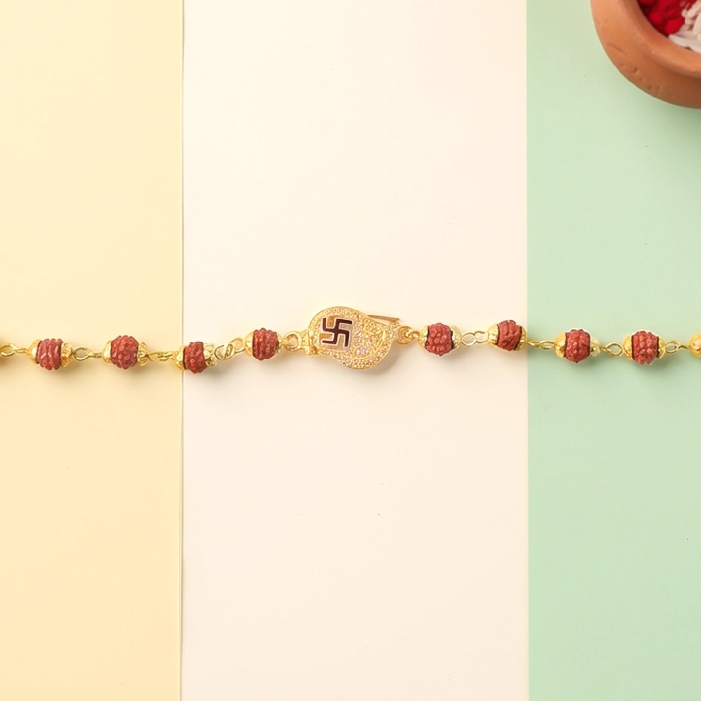Swastik Rudraksha Bracelet Rakhi, CZ Pendant Beaded Rakhi for Brother (1 Pc)