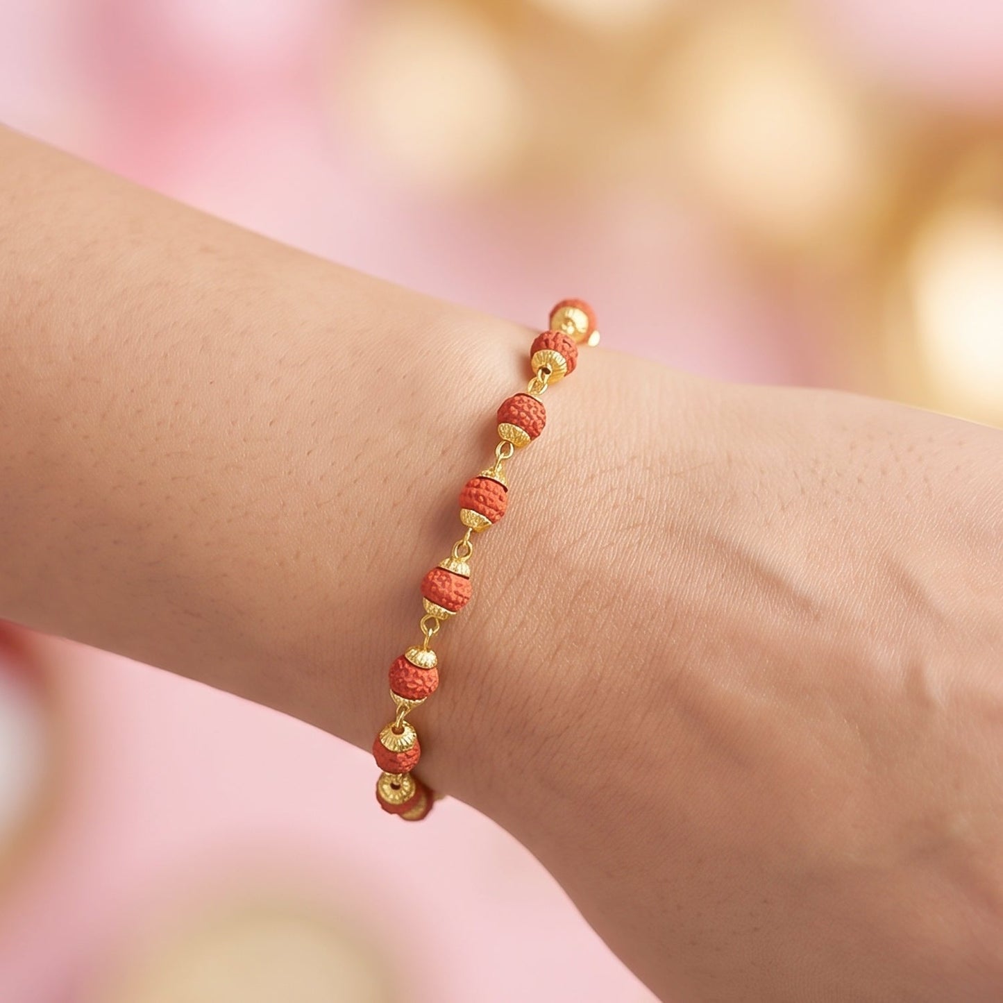 Rudraksha Bead Bracelet Rakhi, Gold-Plated Cap Beads Rakhi for Brother (1 Pc)