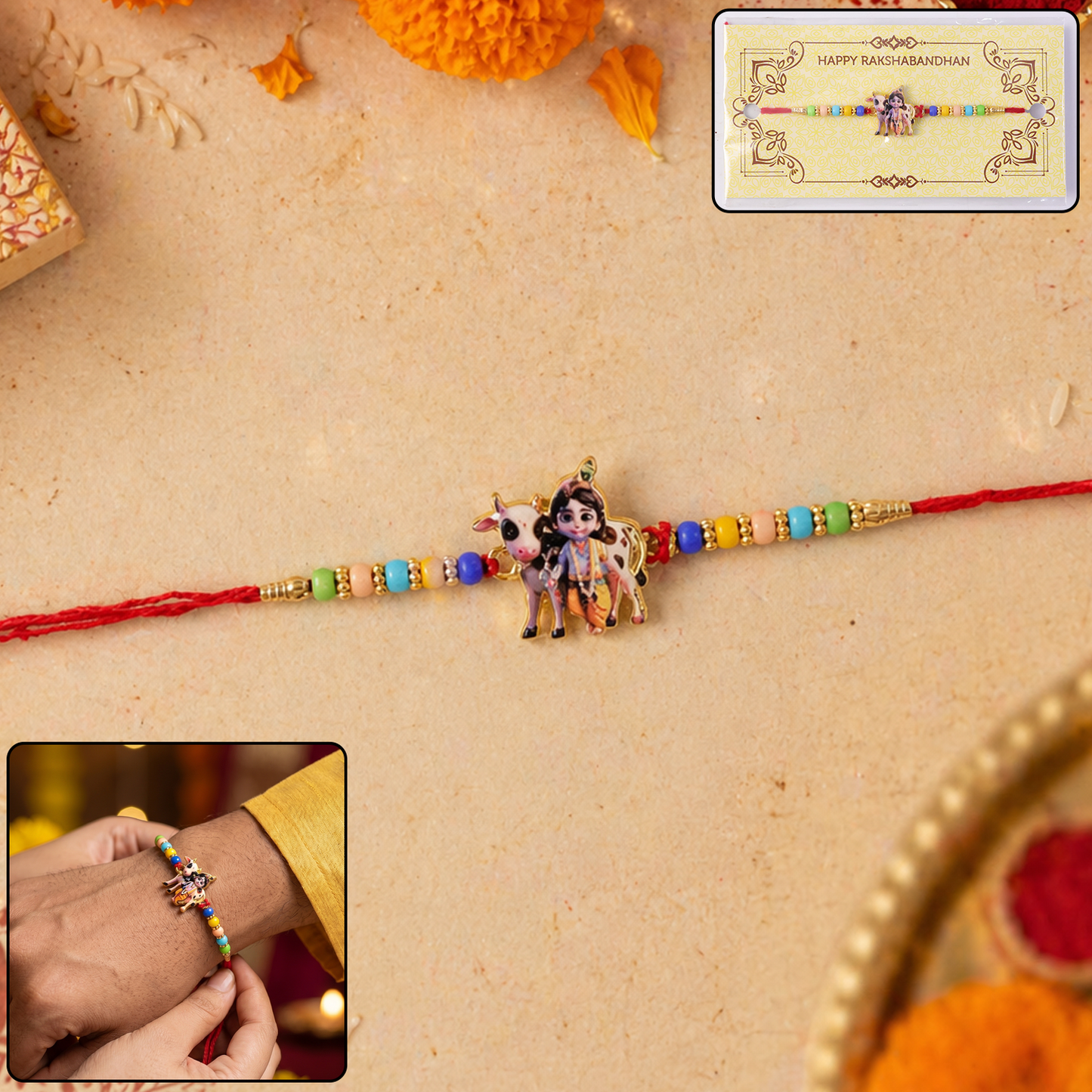 Front view of Lord Krishna Rakhi showcasing detailed figurine and colorful design.