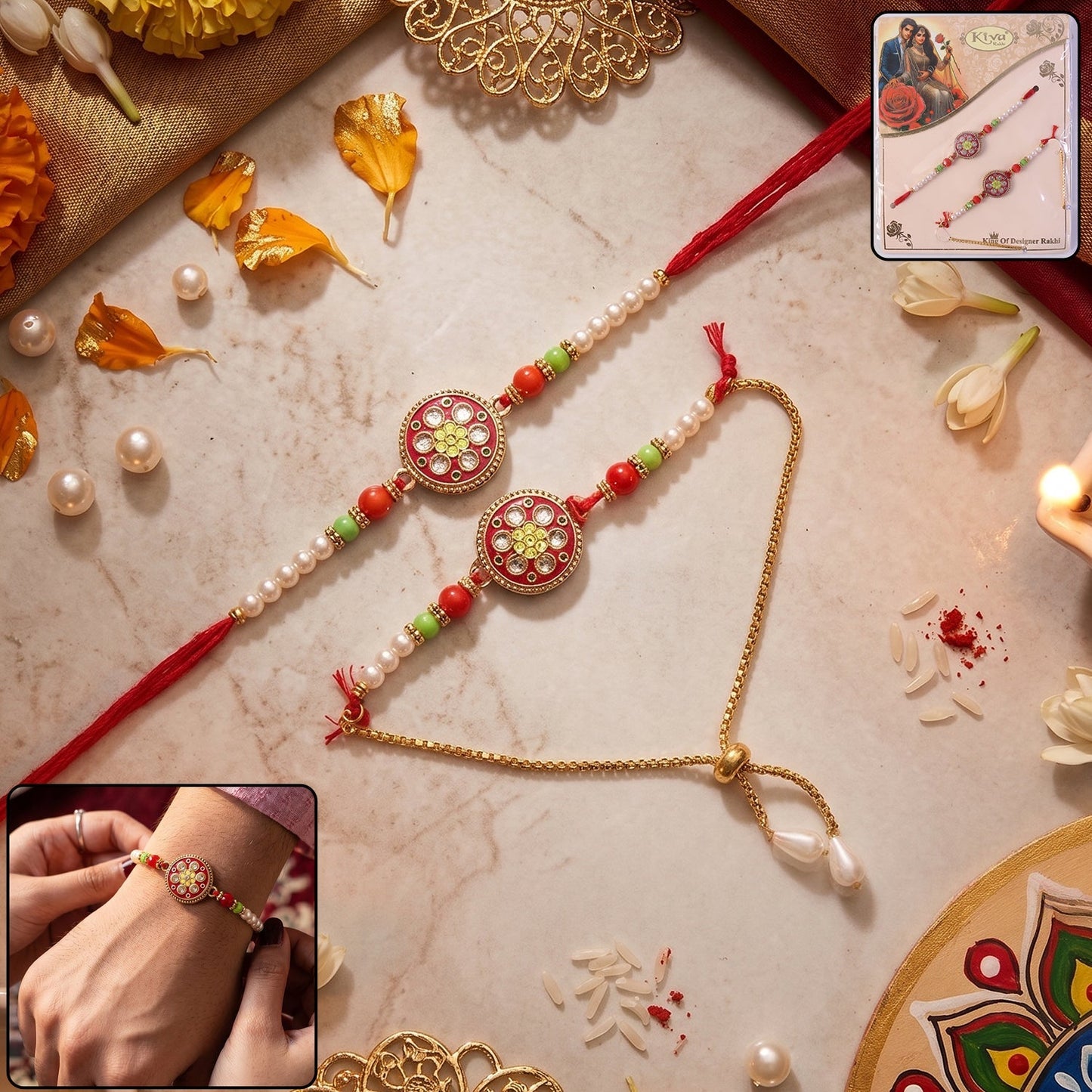 Designer Pearl Rakhi with floral stone centerpiece for Raksha Bandhan