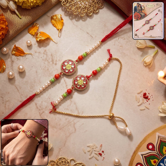 Designer Pearl Rakhi with floral stone centerpiece for Raksha Bandhan