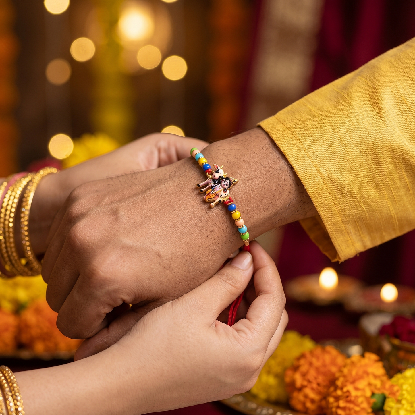 Top view of the spiritual Lord Krishna Rakhi design.