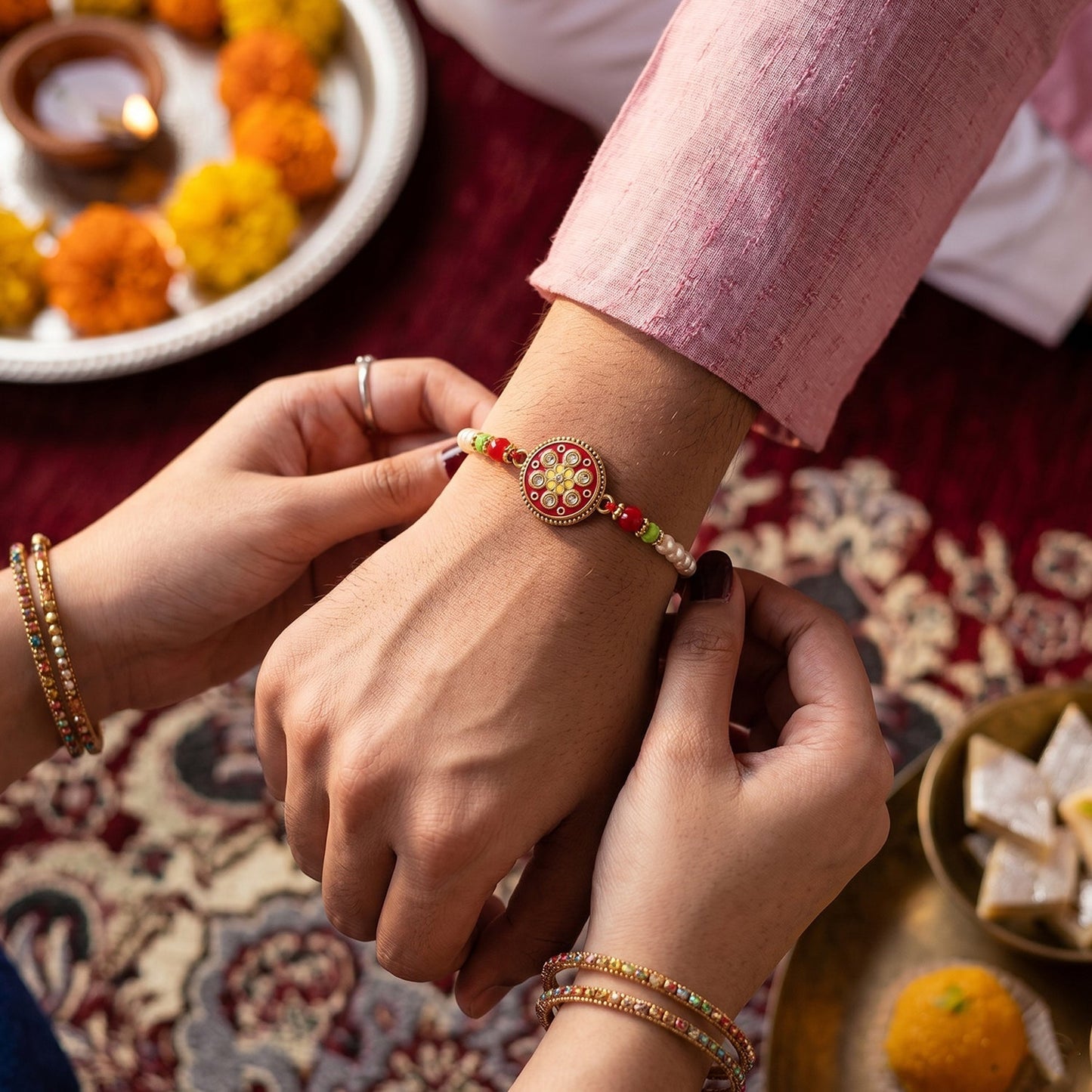 Traditional Rakhi with beads and soft thread for brother