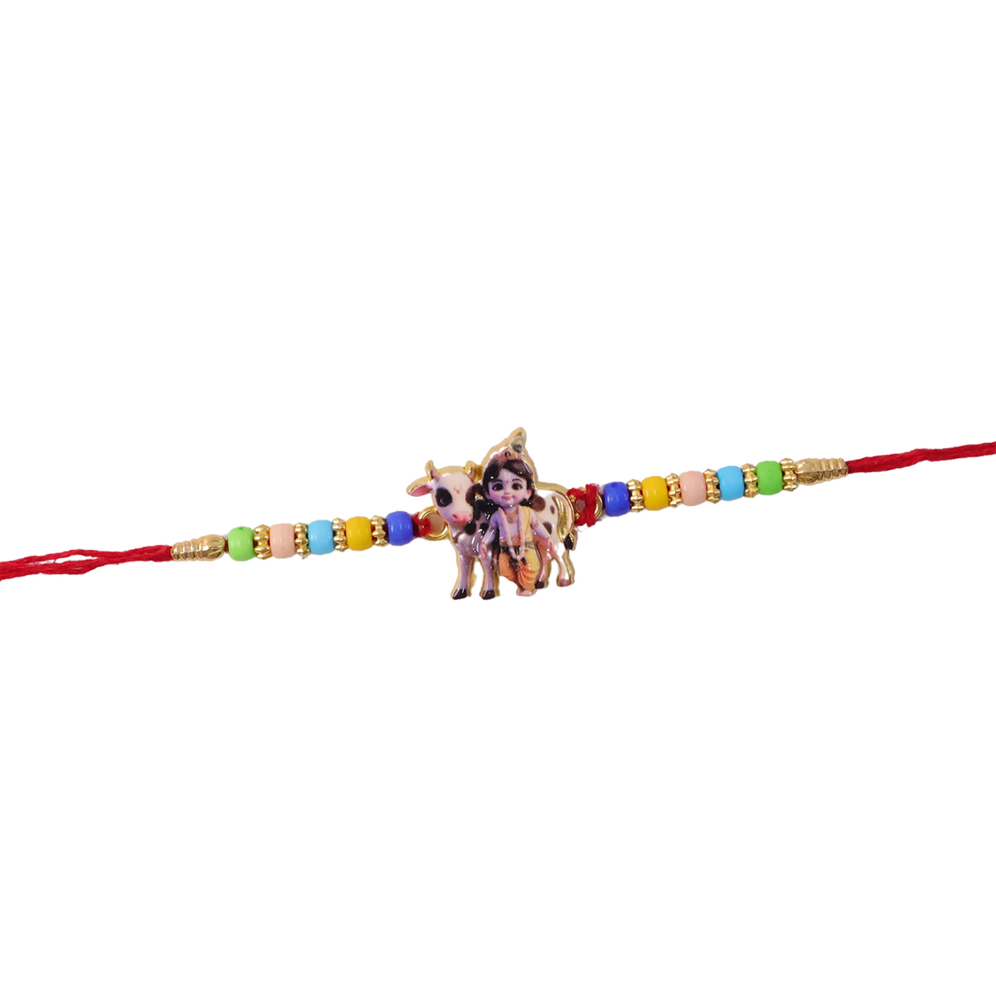Bright bead arrangement on the Lord Krishna Rakhi.