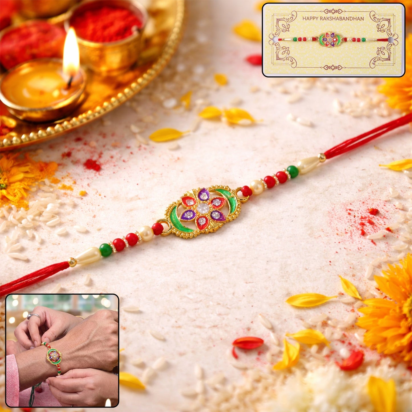 Close-up of multicolor stone designer Rakhi showing intricate detailing