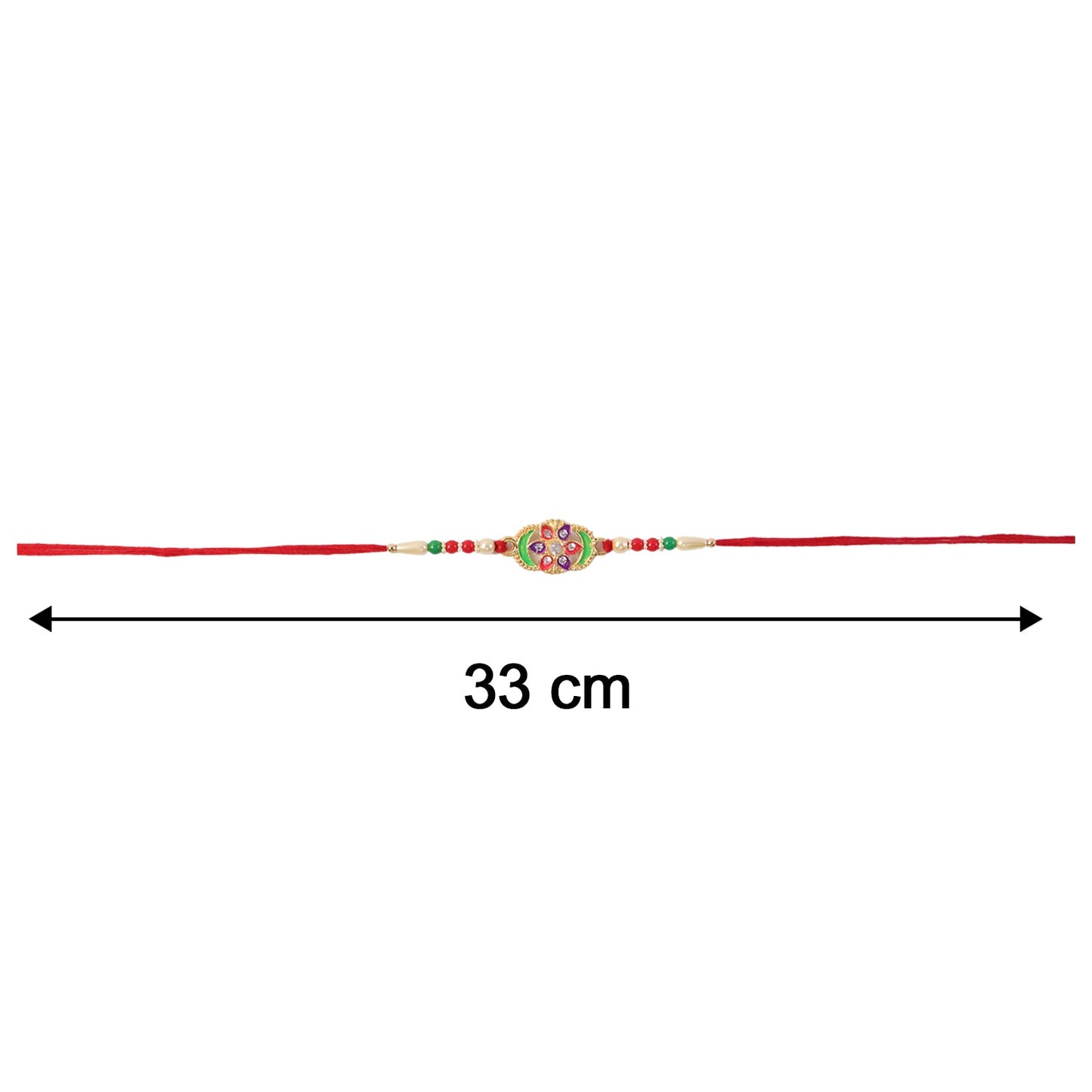 Size reference of multicolor designer Rakhi showing scale