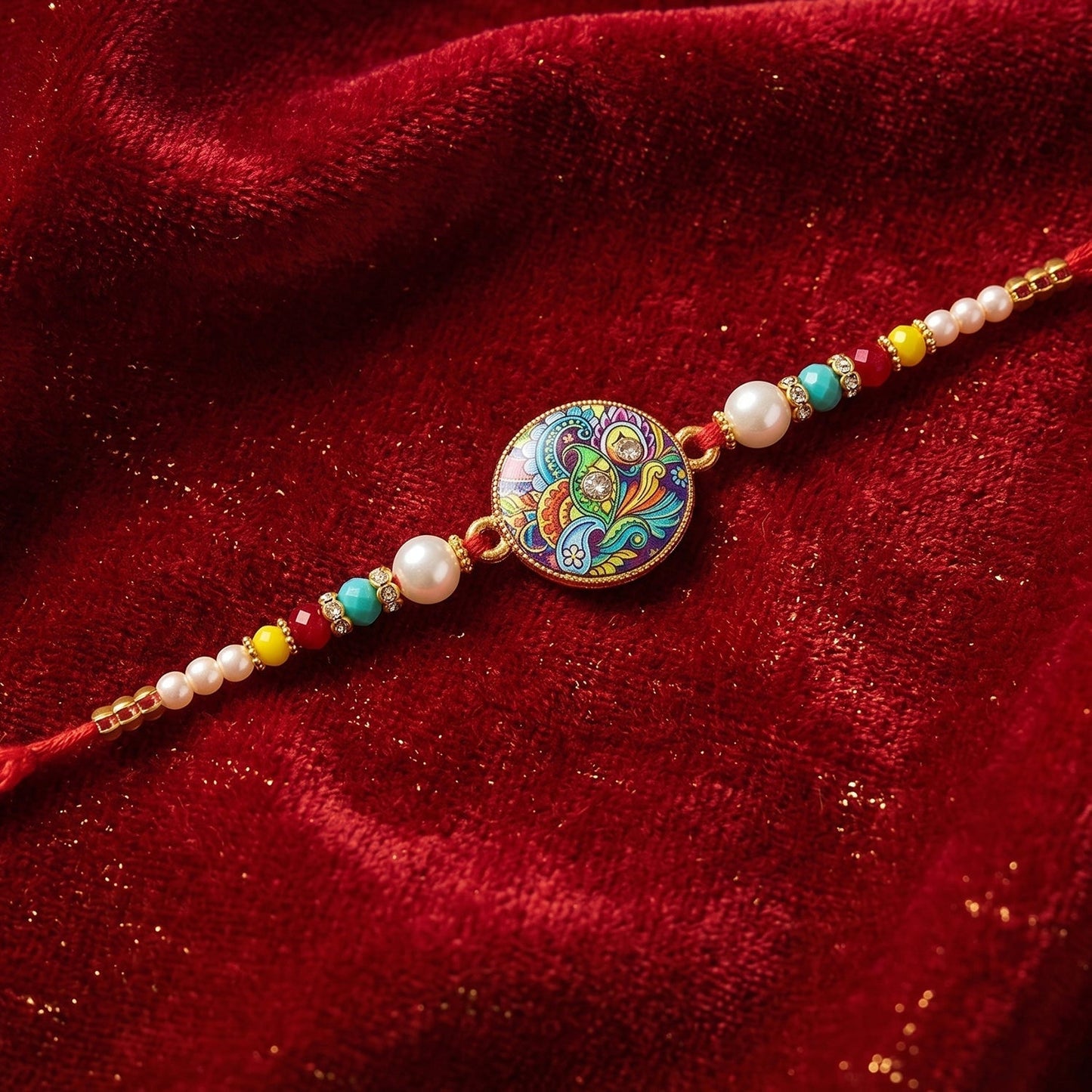 Front view of multicolor paisley Rakhi with pearl beads
