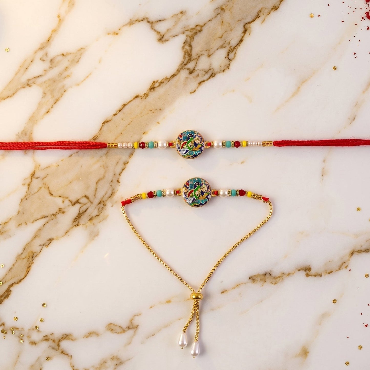 Decorative pearl beads on Rakhi thread for Rakha Bandhan