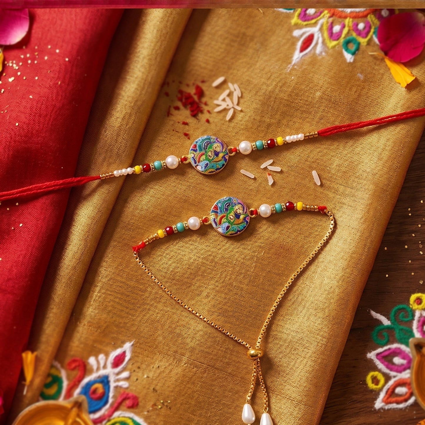 Close-up of pearl beads on traditional Rakhi for brother
