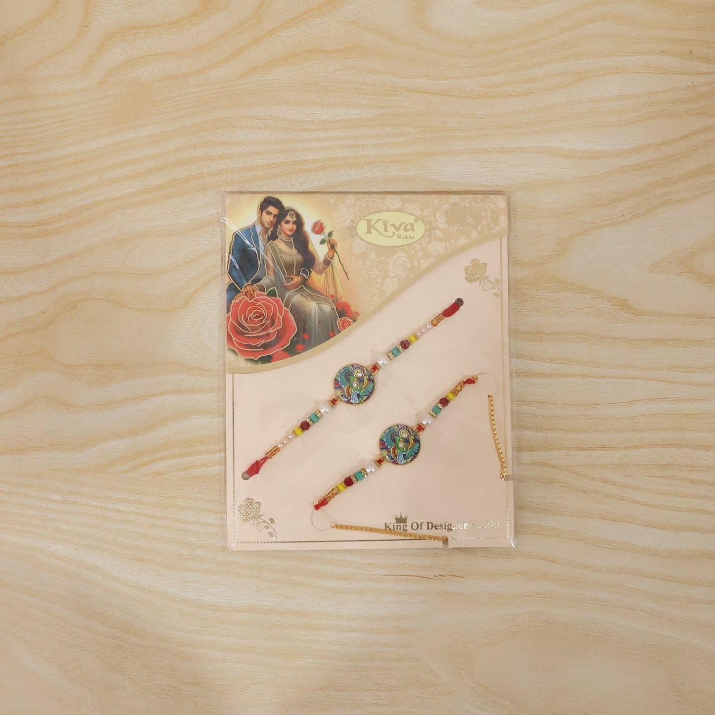 Rakhi displayed live with pearl beads and traditional design