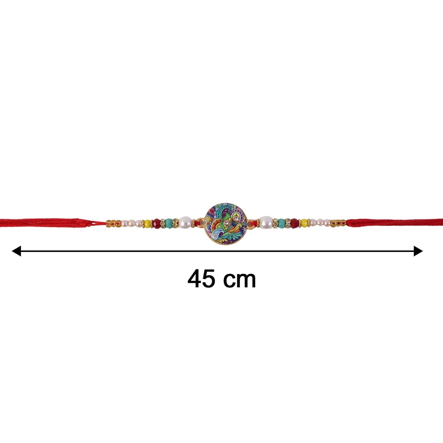 Size reference for multicolor paisley Rakhi design