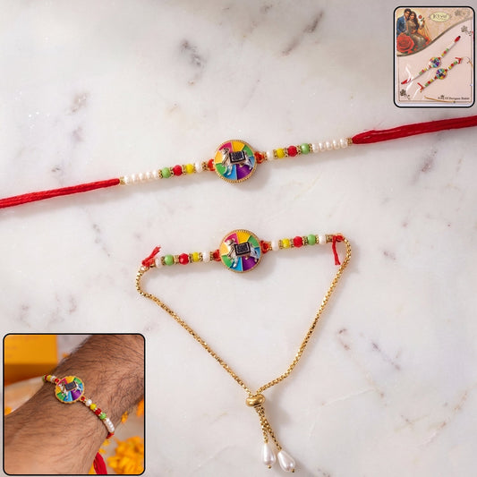 Traditional cow motif designer Rakhi with colorful beads and decorative elements