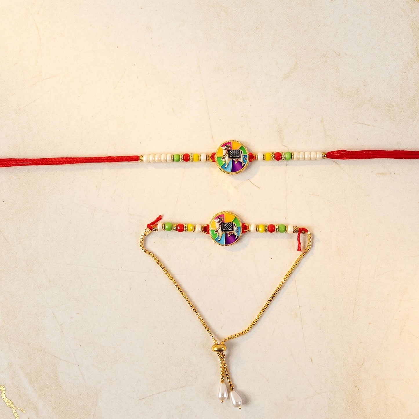 Rakhi with cow motif showcasing intricate thread work