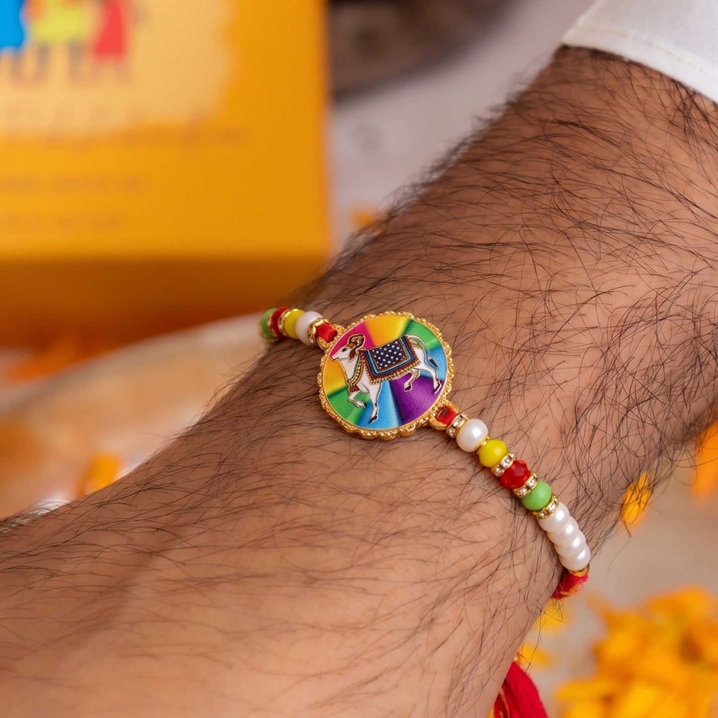 Close-up of traditional cow motif Rakhi featuring intricate bead detailing