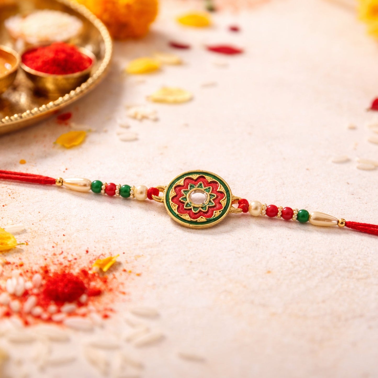 Close-up floral Rakhi featuring stone and beads
