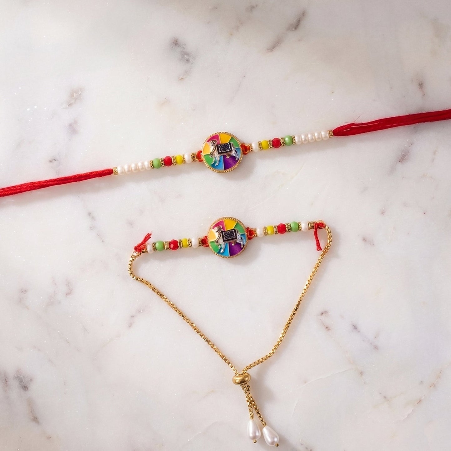 Colorful beads and cow centerpiece on traditional Rakhi