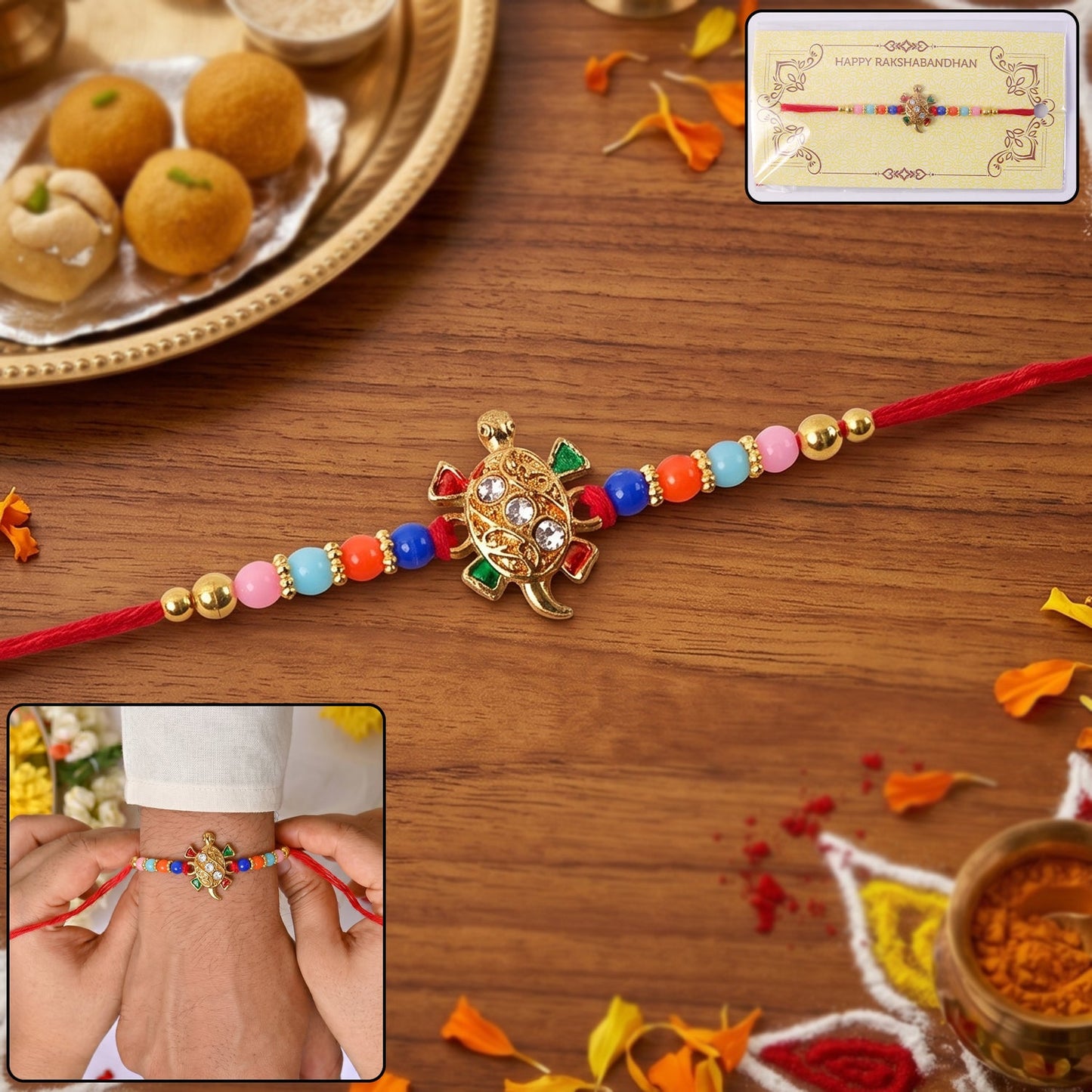 Top view of colorful beaded turtle design Rakhi on white background
