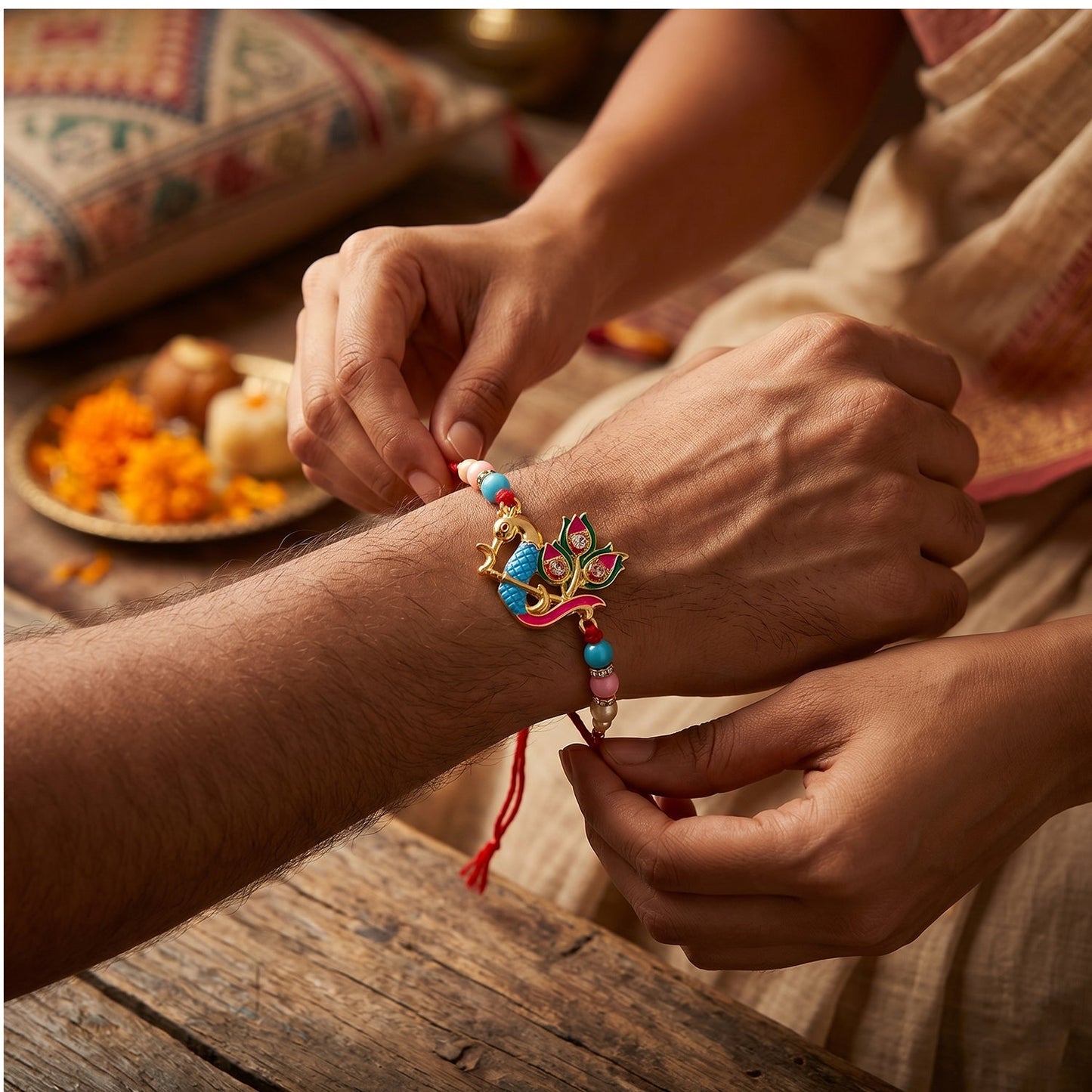 Designer peacock motif Rakhi with multicolor beads and soft thread
