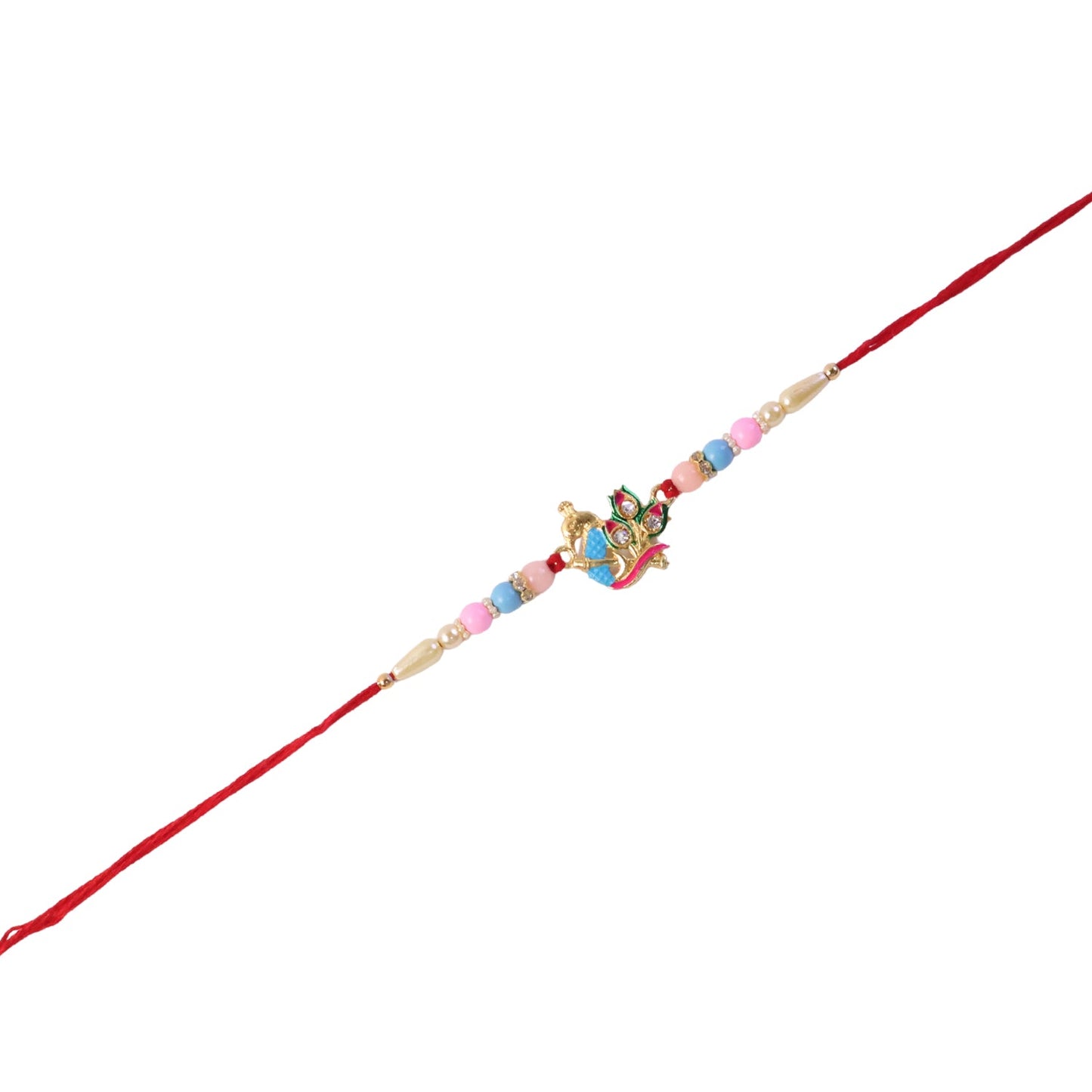 Vibrant peacock motif Rakhi with decorative background and beads